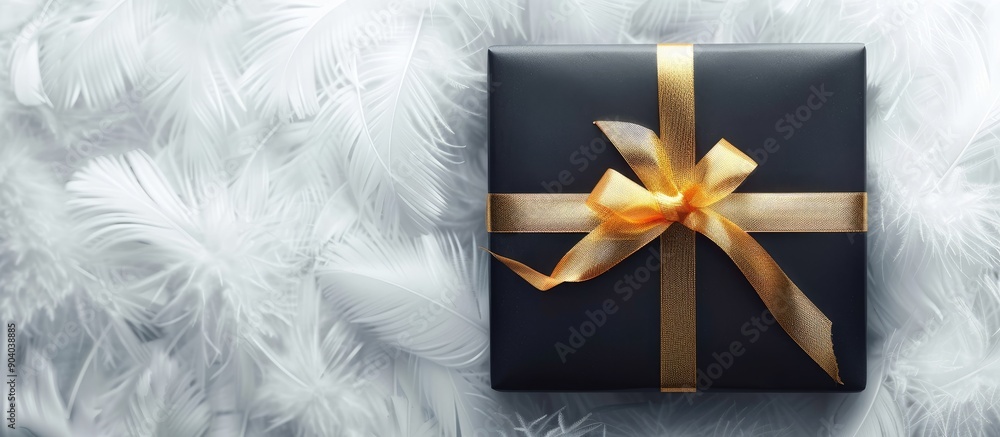Poster elegant black gift box adorned with a golden ribbon set against a white feathered backdrop perfect f