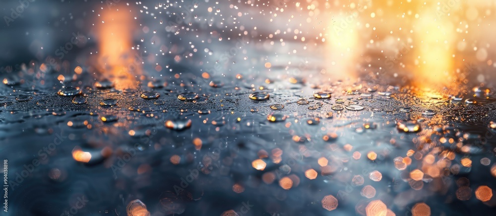 Poster blurry perspective of a scene with water drops on the surface filled with droplets ideal for showcas