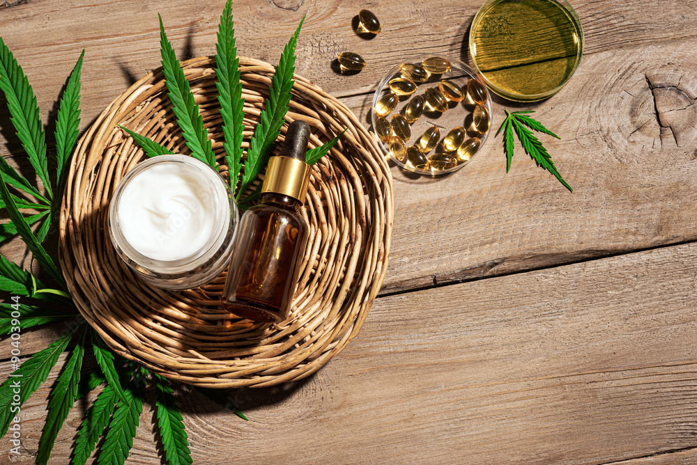 Poster hemp cannabis leaves and cbd oil products