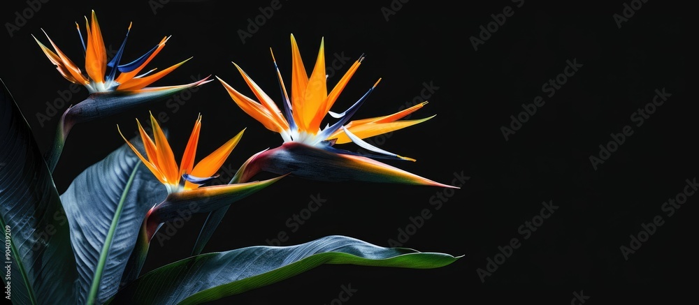 Poster exotic bird of paradise flowers scientifically known as strelizia reginae are in bloom providing a s