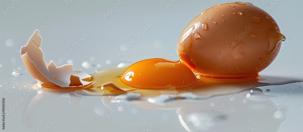 Poster Close up image of a broken egg and yolk isolated on a white background with copy space image included