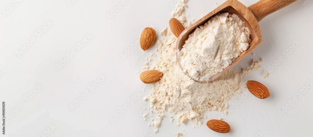 Poster almond flour scoop on a white backdrop with copy space image
