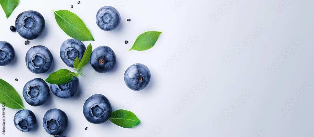 Poster fresh blueberries with leaves in a copy space image a nutritious ingredient against a white backdrop