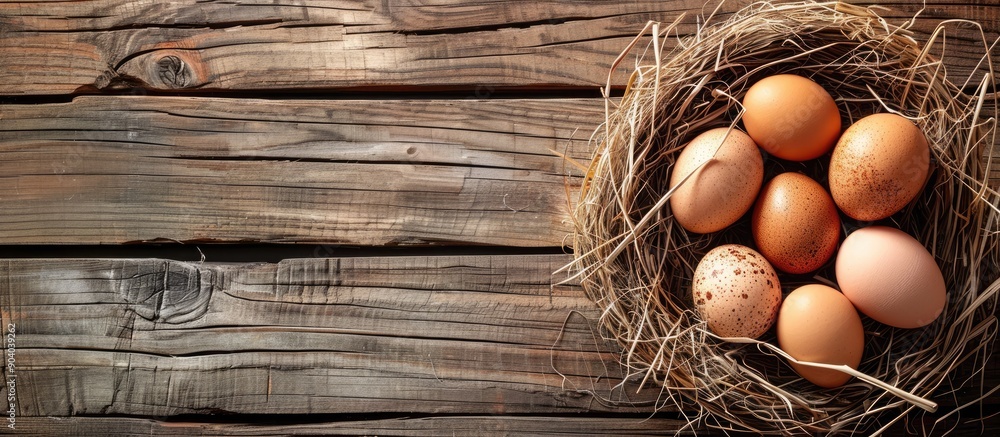 Poster Wooden background with straw nests and a copy space image of eggs