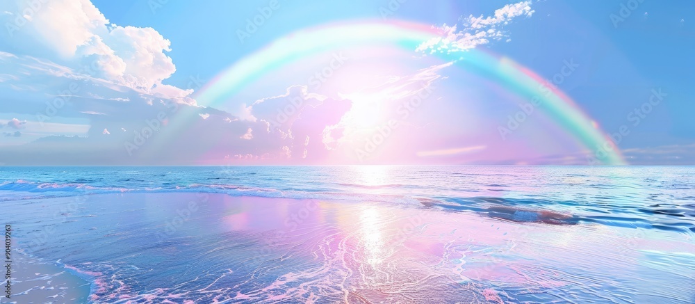 Poster Scenic view of a rainbow over the bright sky and seaside with a copy space image