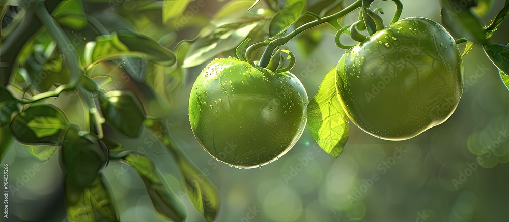 Poster A pair of unripe green tomatoes hangs on the tree in a composition perfect for a copy space image
