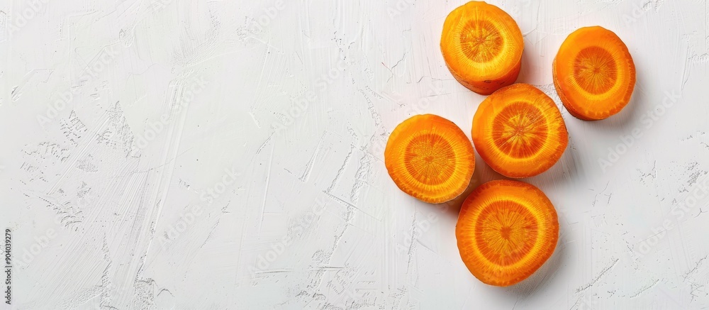 Poster Round carrot slices on a white backdrop with ample copy space image