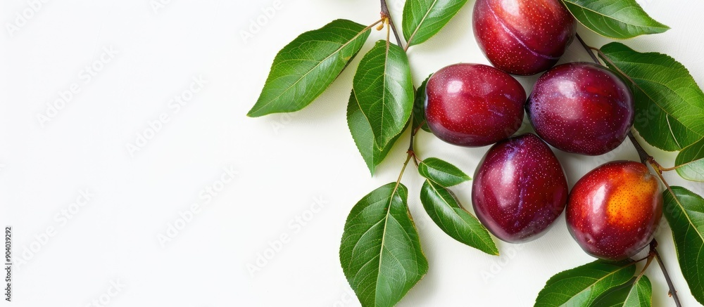 Poster maprang fruit also known as marian plum showcased with green leaves against a white backdrop emphasi