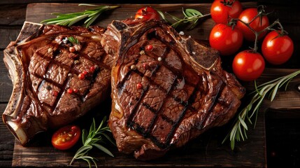 Two grilled steaks with grill marks on a wooden board, garnished with cherry tomatoes and rosemary, offering a delicious look.