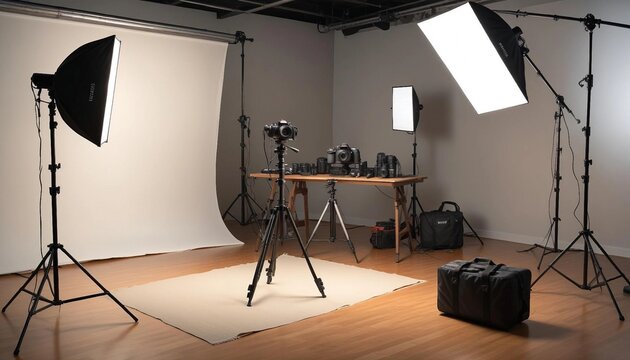 Professional photography setup with camera, tripod, and lighting equipment in a studio
