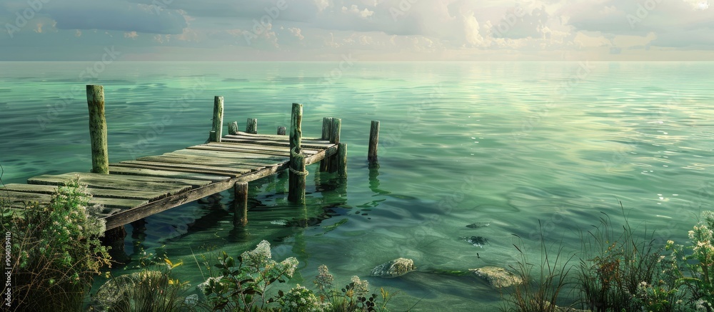 Poster weather worn dock set against a tranquil ocean with lush green hues ideal for a copy space image