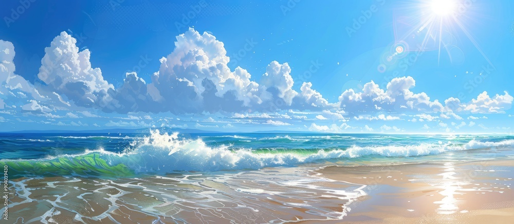 Poster Sunny beach day by the sea for serene relaxation with beautiful warm summer weather and a calming environment for a refreshing break with a tranquil atmosphere for leisure and enjoyment.