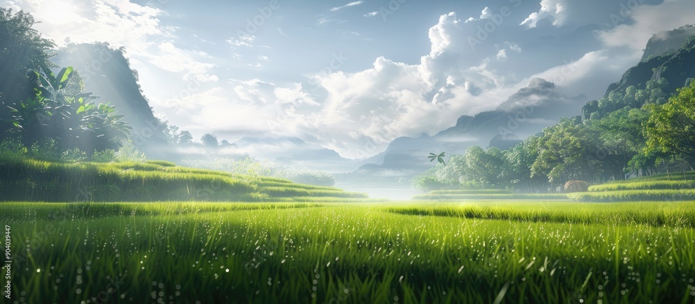 Poster scenic rural landscape with vast rice fields offering a peaceful view with copy space image