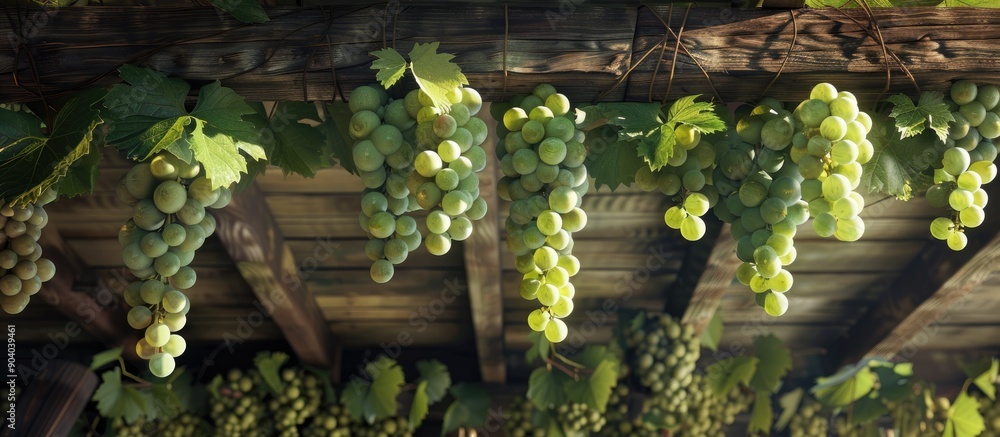 Poster a vineyard scenic with lush green grapes hanging elegantly on a wooden ceiling creates a serene sett