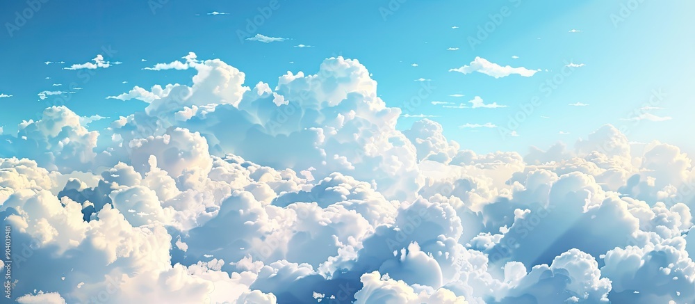 Poster a serene summer blue sky with a gradient of fluffy white clouds creating a picturesque view showcasi