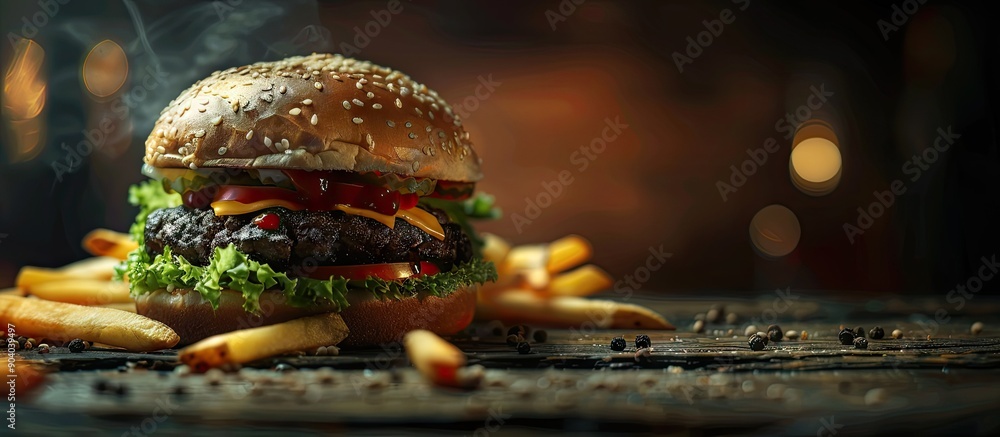 Poster Delicious dark wheat burger with lettuce served with French fries in a fast food setting creating an appetizing copy space image