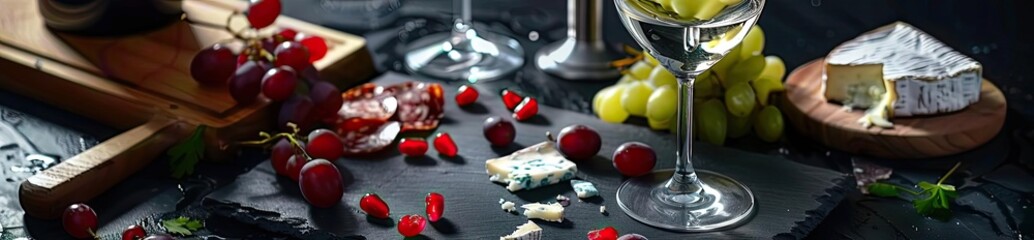 Elegant wine and cheese spread with grapes, cured meats, and crackers on a dark background, perfect for gourmet food presentation and events.