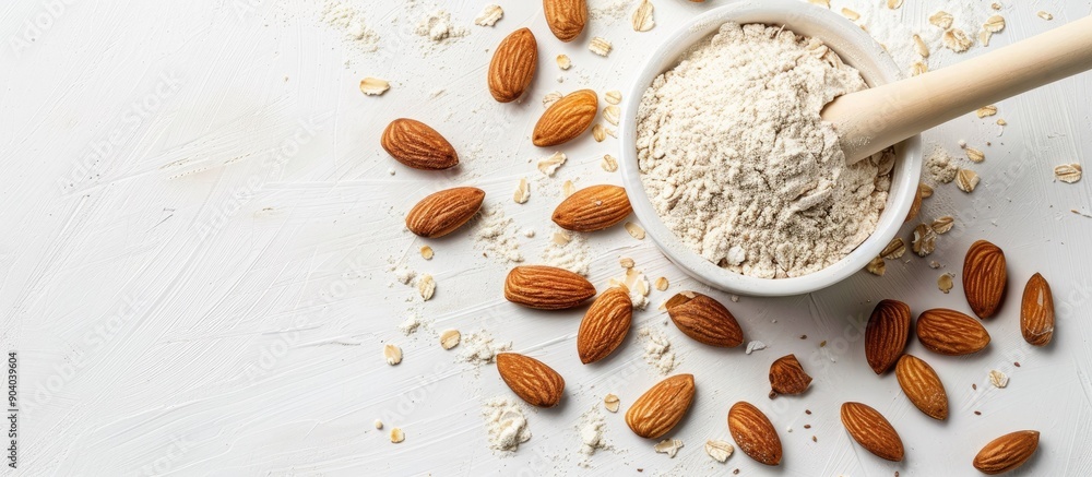 Poster almond flour scoop on a white backdrop with copy space image