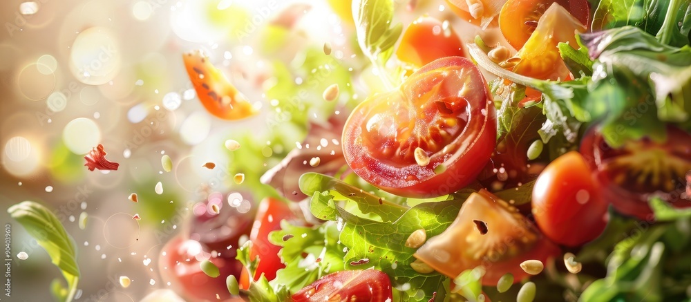 Poster a vibrant salad with a range of different shades and flavors complemented by a stunning background w