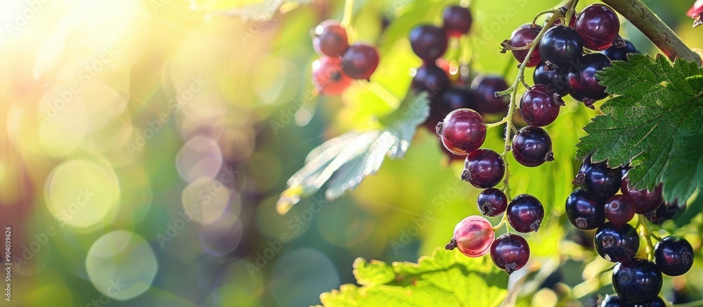 Poster close up of black currant berries ripening in a garden with ample copy space image
