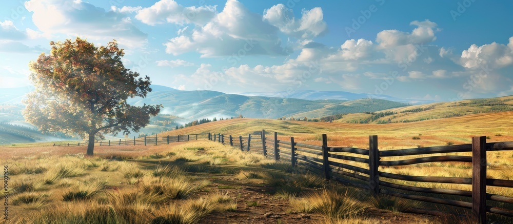Poster rural landscape with a farm fence on a breezy hilltop set against a rugged hill background in a pict