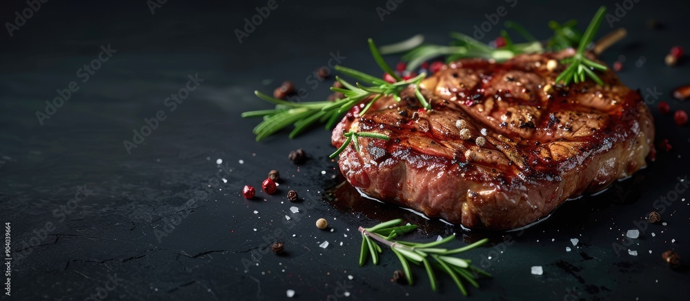 Poster A pork steak and carbonated fillet are presented on a dark background garnished with rosemary and spices captured from a side view angle with copy space image available