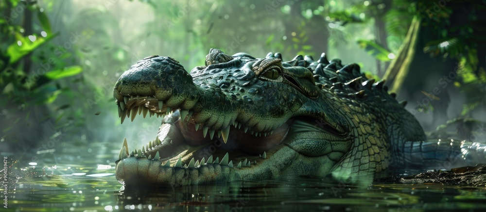 Poster A large menacing crocodile in its wild environment with a copy space image available