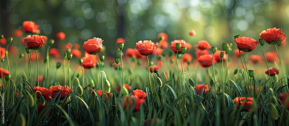Poster vibrant red poppies blooming in a lush green field creating a picturesque scene with copy space imag