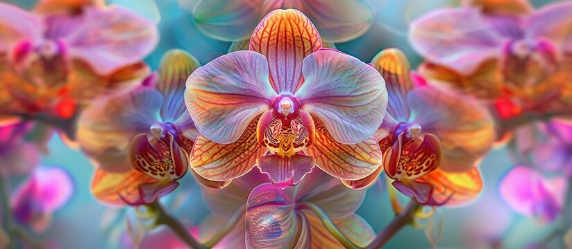 Vibrant orchid blooms of the Papilionanda Xi Jinping Peng Liyuan in full glory with a spacious background for text or image placement. . image with copy space