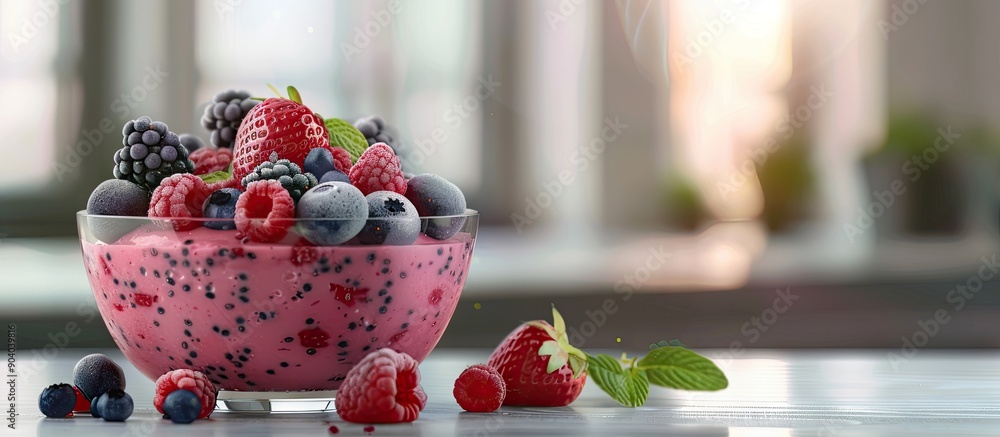 Aufkleber a glass bowl filled with a summer berries smoothie presented against a backdrop of a window with cop