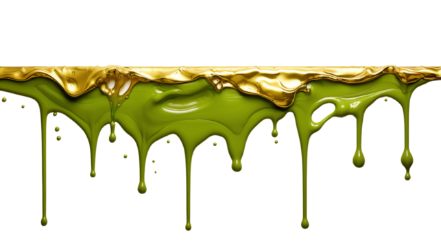 Dripping gold and olive-green paint liquid background.