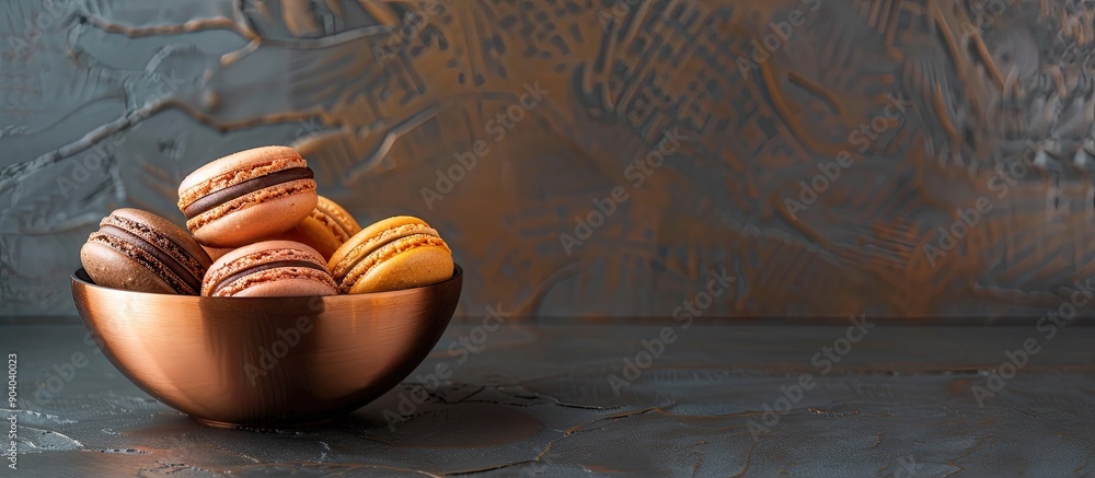 Poster Macarons displayed in elegant copper bowls in front of a blank copy space image