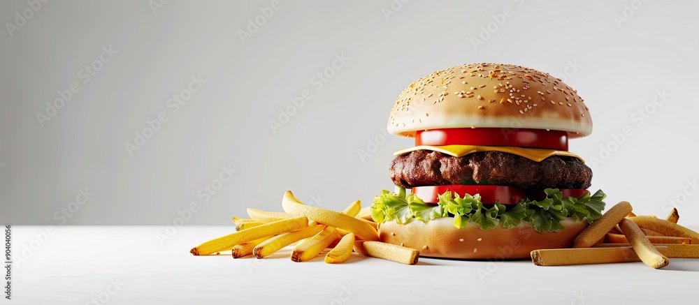 Aufkleber A hamburger and fries displayed on a white backdrop with a clear copy space image