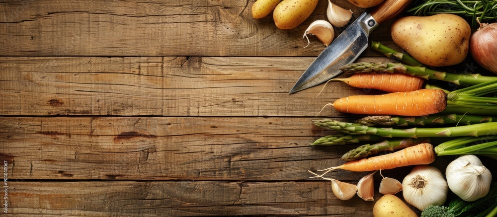 Poster A wooden background with frame material including vegetables like potato carrot and garlic along with asparagus and a knife provides a visually appealing copy space image