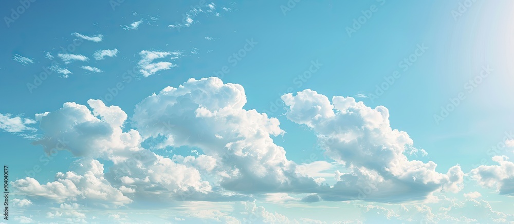 Poster A serene summer blue sky with a gradient of fluffy white clouds creating a picturesque view showcasing a calm and bright scenery with copy space image