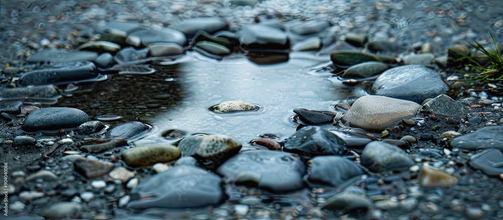 Aufkleber Pebbles reflected in a small puddle creating a serene image with copy space