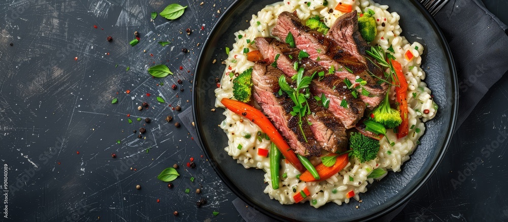 Poster risotto with steak and mixed vegetables perfect for a dinner entree featuring a copy space image