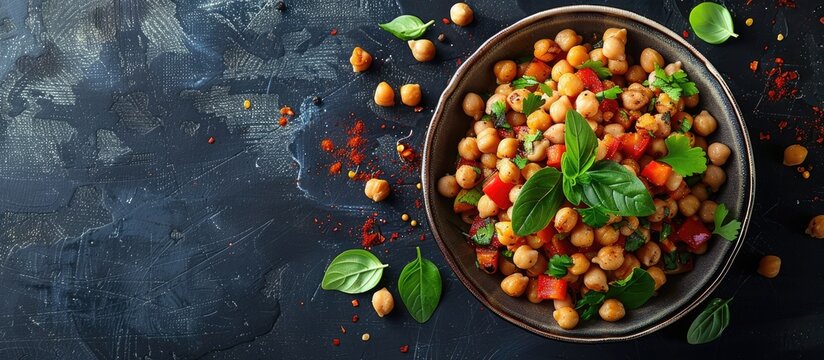Vegetarian dish featuring chickpeas or beans with copy space image