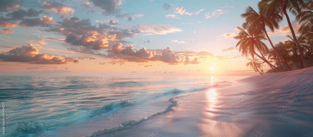 Poster sandy shore with palm trees a calm ocean and a sunset ideal for relaxation or a vacation with availa