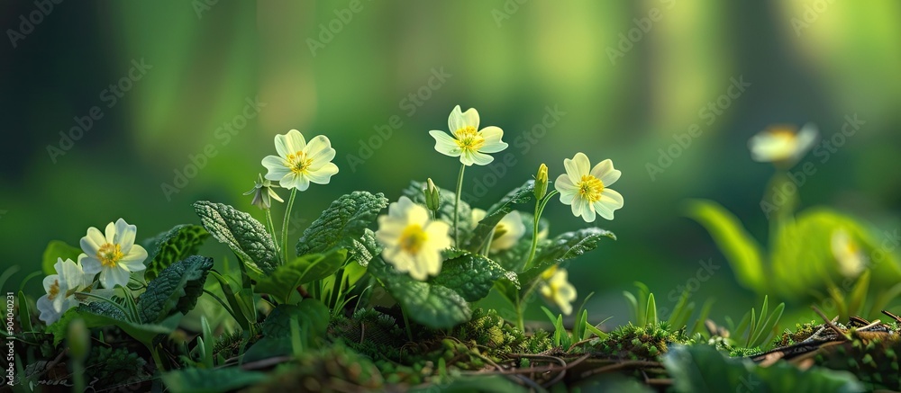 Poster early spring brings forth the delicate primula vulgaris commonly known as primroses blooming in thei
