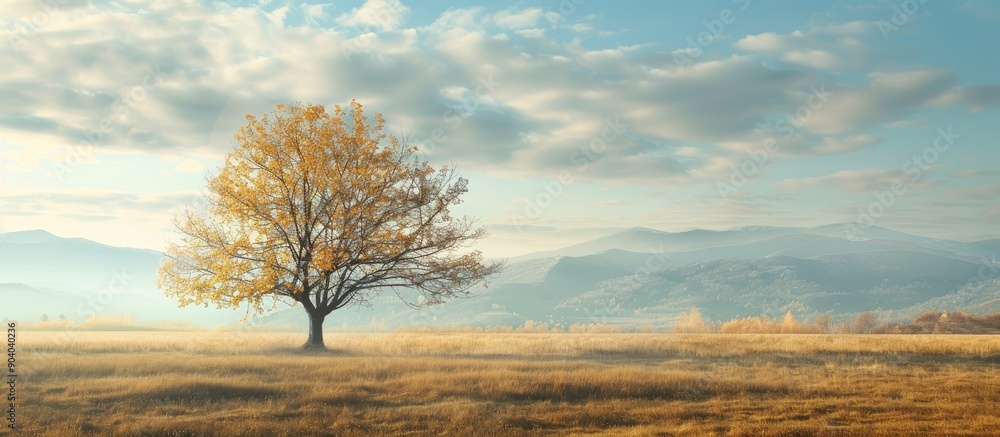 Poster Autumn scenery featuring a solitary tree with naked branches set against a beautiful fall landscape ideal for use as a copy space image