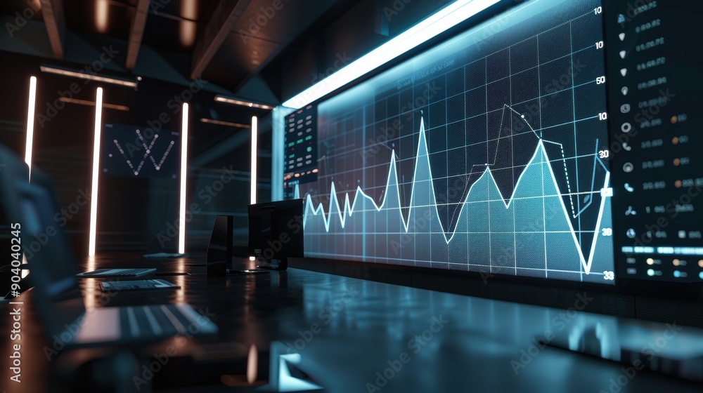 Poster modern empty office at night with financial data being displayed on a large screen on a wall
