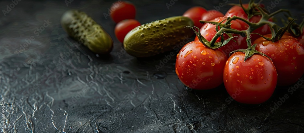 Poster Close up shot of tomatoes and pickles on a black background with copy space image
