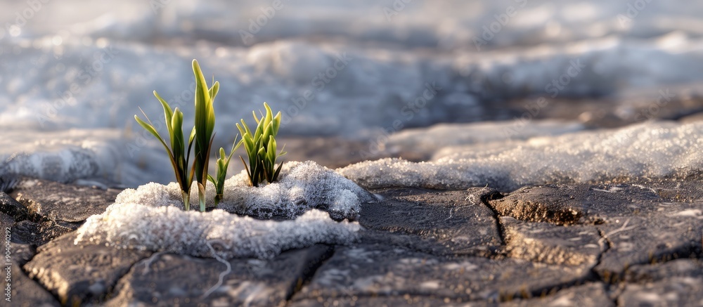 Leinwandbilder during the initial days of warmth fresh shoots emerge from the soil beside patches of unmelted snow 