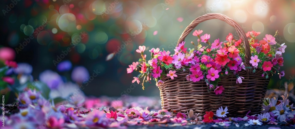 Poster A basket filled with freshly picked flowers and petals from an outdoor garden with a blank space for inserting an image. . image with copy space