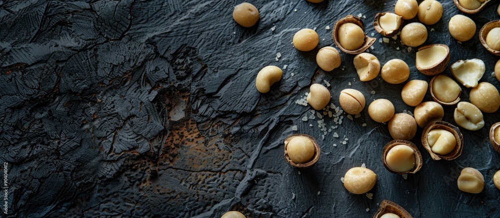 Poster Vegetarian friendly roasted macadamia nuts in shells displayed on a dark textured concrete surface providing a compelling setting for a copy space image
