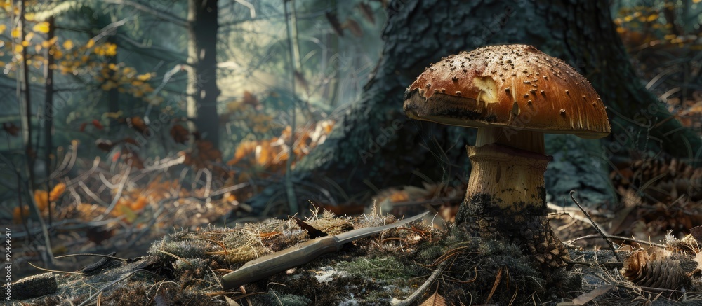 Aufkleber autumnal pine forest setting showcasing a chestnut colored cap mushroom the bay bolete or imleria ba