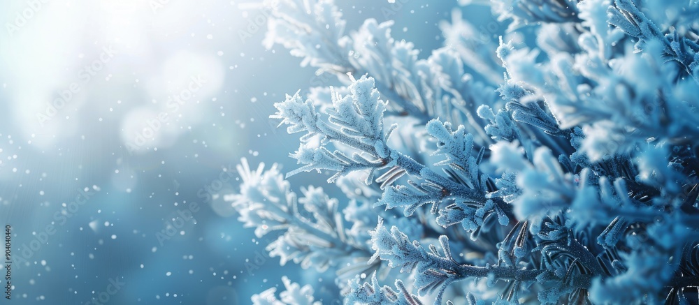 Poster frost covered branches on a cold day with snowflakes capture the serene beauty with a stunning copy 
