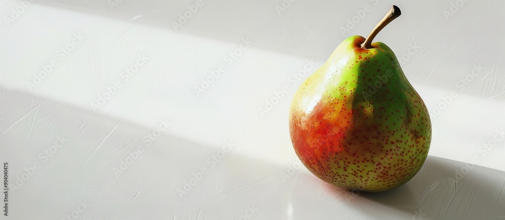 Poster A green pear with a red tint on a white background providing space for adding images. . image with copy space