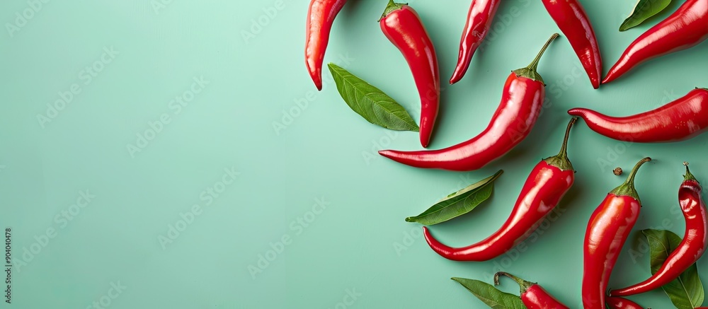 Poster red chili peppers arranged on a green backdrop with copy space image